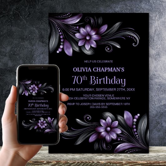 Black Purple Floral 70th Birthday Party Kaart
