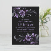 Black Purple Floral 85th Birthday Party Kaart (Staand voorkant)
