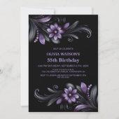 Black Purple Floral Birthday Party Kaart (Voorkant)