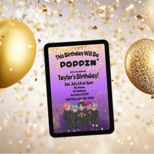 Black Purple Gold KPOP Boys Poppin' Birthday Kaart