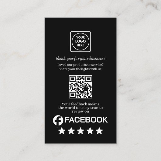 Black QR | Facebook Reviews Custom Rating Link Visitekaartje (Voorkant)