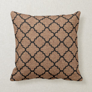 Black Quatrefoil en Faux Rustic Burlap - Shabby Ch Kussen