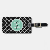 Black Quatrefoil Pattern, Mint Green Monogram Bagagelabel (Voorkant horizontaal)