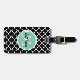 Black Quatrefoil Pattern, Mint Green Monogram Bagagelabel