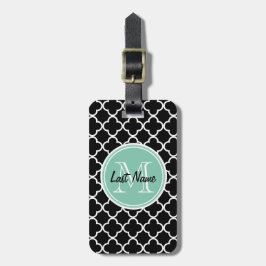 Black Quatrefoil Pattern, Mint Green Monogram Bagagelabel