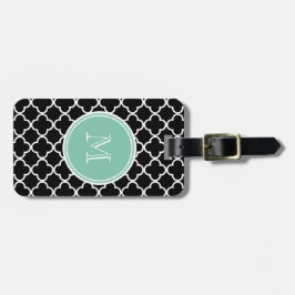 Black Quatrefoil Pattern, Mint Green Monogram Bagagelabel