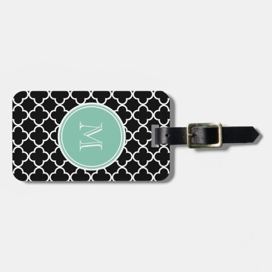 Black Quatrefoil Pattern, Mint Green Monogram Bagagelabel (Voorkant horizontaal)