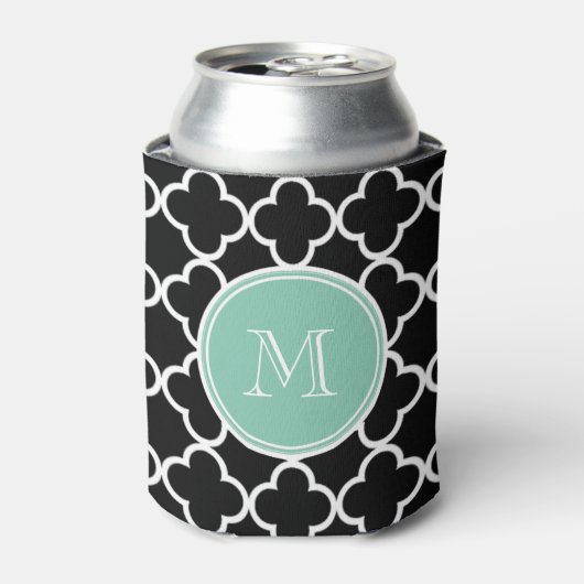 Black Quatrefoil Pattern, Mint Green Monogram Blikjeskoeler (Blikje Voorkant)