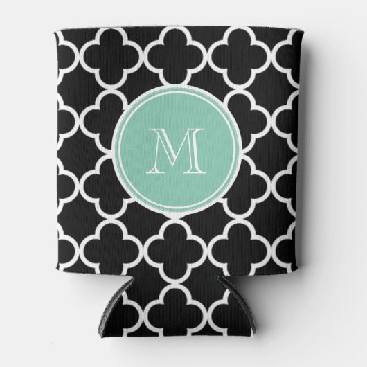 Black Quatrefoil Pattern, Mint Green Monogram Blikjeskoeler (Voorkant)