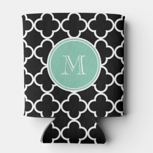 Black Quatrefoil Pattern, Mint Green Monogram Blikjeskoeler (Achterkant)