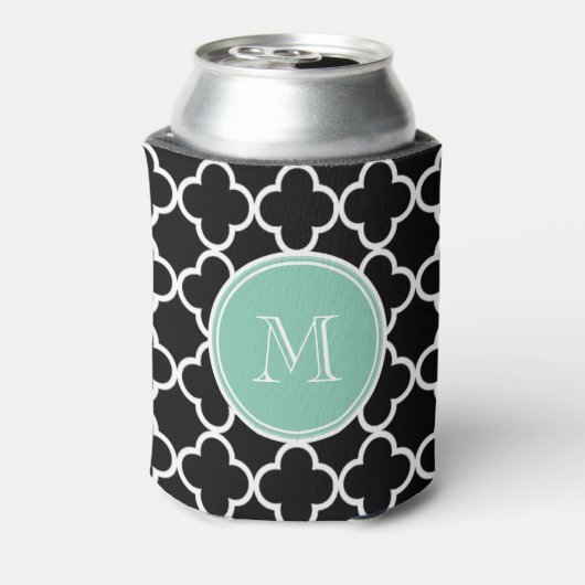 Black Quatrefoil Pattern, Mint Green Monogram Blikjeskoeler (Blikje Achterkant)