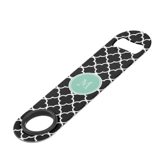 Black Quatrefoil Pattern, Mint Green Monogram Speed Flessenopener (Achterkant Gekanteld)