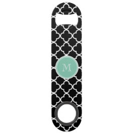 Black Quatrefoil Pattern, Mint Green Monogram Speed Flessenopener