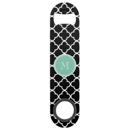 Black Quatrefoil Pattern, Mint Green Monogram Speed Flessenopener (Voorkant)