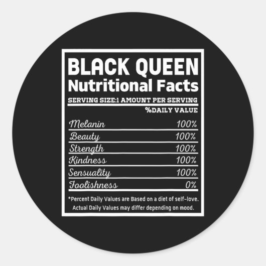 Black Queen Nutrition Facts Proud Black History Mo Ronde Sticker (Voorkant)