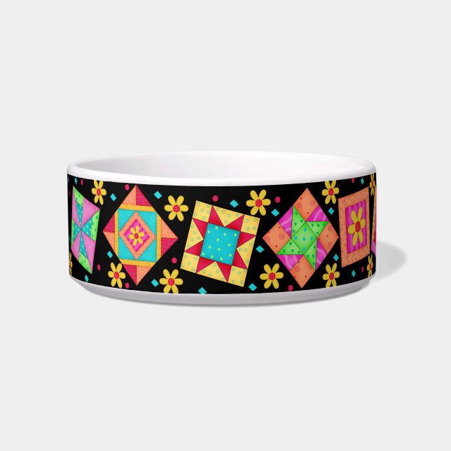 Black Quilt Block Cat Food Bowl Voerbakje (Links)