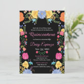Black Quinceañera Invitation multi color, flowers (Staand voorkant)