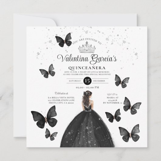 Black Quinceañera 15 Anos Buttefly Silver Glitter Kaart (Voorkant)