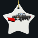 Black R Snowplow Pick Up Cartoon Keramisch Ornament<br><div class="desc">Een grillige cartoon pakt een vrachtwagen op met een sneeuwploeg die klaar is om de sneeuw te verplaatsen.</div>