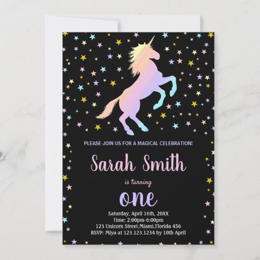 Black Rainbow Eenhoorn Verjaardag Uitnodigingen (Voorkant)