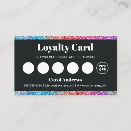 Black & Rainbow Glitter Glam Hair Stylist Klantenkaartje (Voorkant)