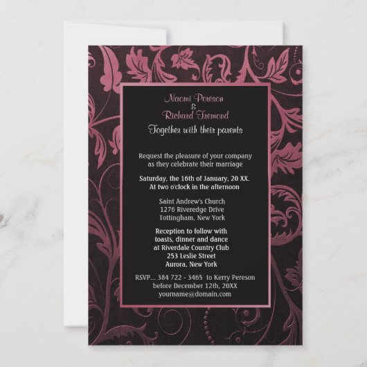 Black & Raspberry Damask foto uitnodiging (Achterkant)