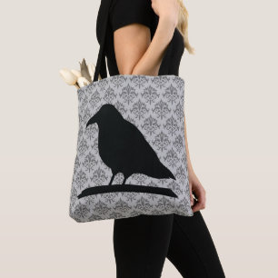 Black Raven Bird Shape met Damask Background Tote Bag