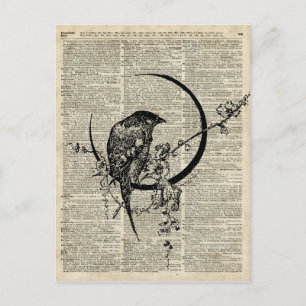 Black Raven Bird stencil over oude woordenboekpagi Briefkaart