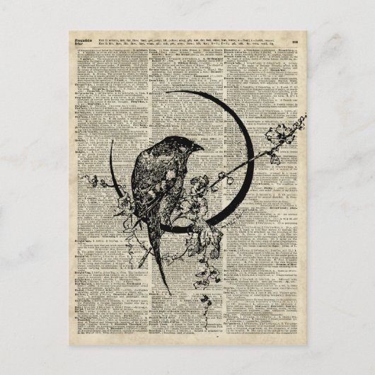 Black Raven Bird stencil over oude woordenboekpagi Briefkaart (Voorkant)