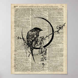 Black Raven Bird stencil over oude woordenboekpagi Poster
