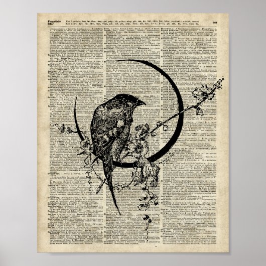 Black Raven Bird stencil over oude woordenboekpagi Poster (Voorkant)
