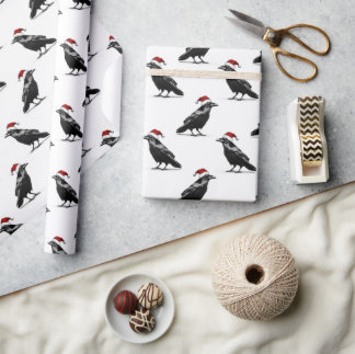 Black raven crow with red santa hat pattern cadeaupapier