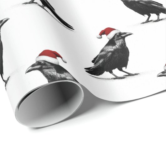 Black raven crow with red santa hat pattern cadeaupapier (Rol Hoek)