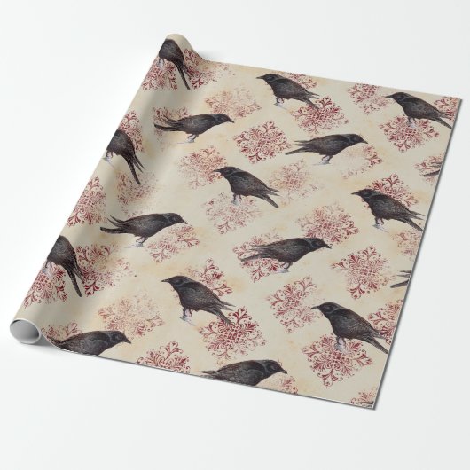 Black Raven en Burgundy Damask Cadeaupapier (Uitgerold)