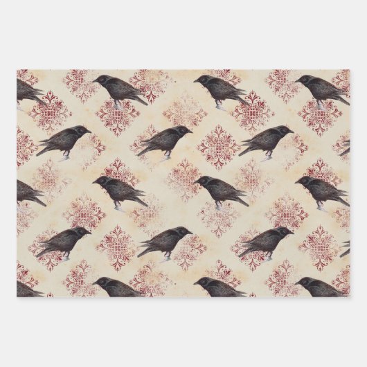 Black Raven en Burgundy Damask Inpakpapier Vel (Voorkant 2)