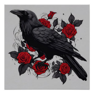 Black Raven en Red Roses Perfect Poster