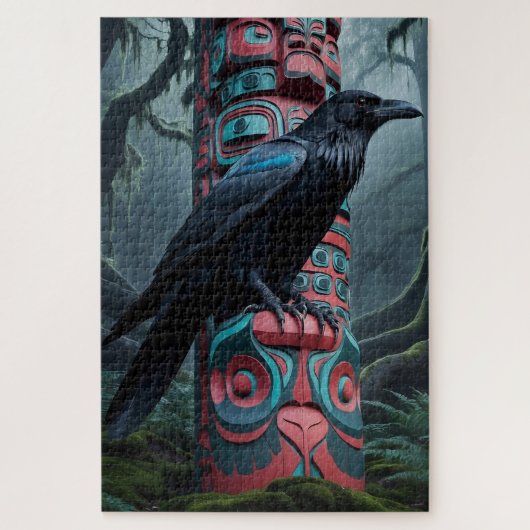 Black Raven en Totem Pole Wildlife Art Legpuzzel (Verticaal)