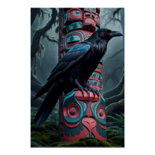 Black Raven en Totem Pole Wildlife Art Perfect Poster