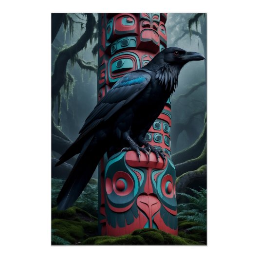 Black Raven en Totem Pole Wildlife Art Perfect Poster (Voorkant)