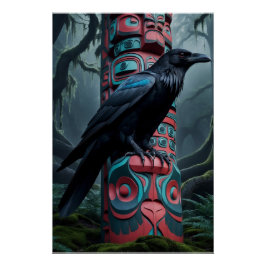 Black Raven en Totem Pole Wildlife Art Perfect Poster
