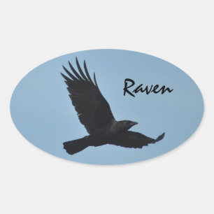 Black Raven Flying in Blue Sky Foto Ovale Sticker