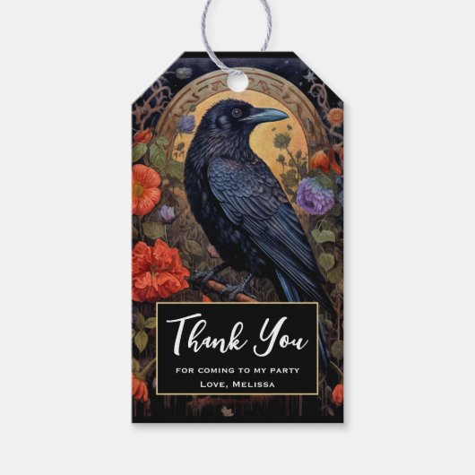 Black Raven met bloemen Gothic Dank u Cadeaulabel (Voorkant)