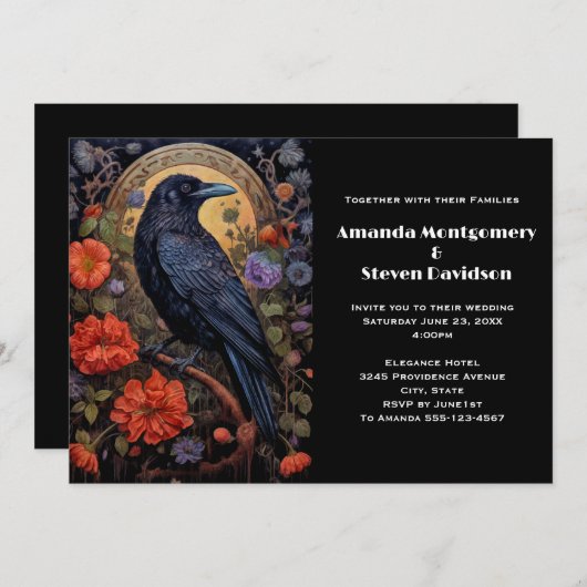 Black Raven met bloemen Gothic Design Bruiloft Kaart (Voorkant / Achterkant)