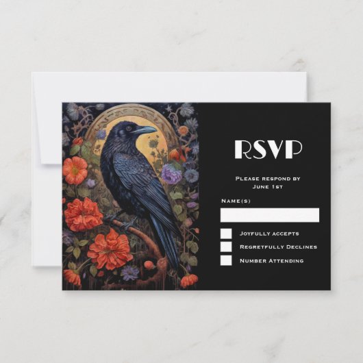 Black Raven met bloemen Gothic Design Bruiloft RSVP Kaartje (Voorkant)