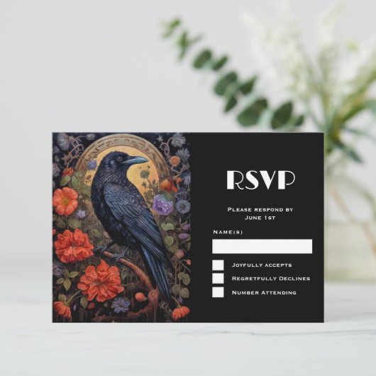 Black Raven met bloemen Gothic Design Bruiloft RSVP Kaartje (Staand voorkant)