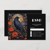 Black Raven met bloemen Gothic Design Bruiloft RSVP Kaartje (Voorkant / Achterkant)