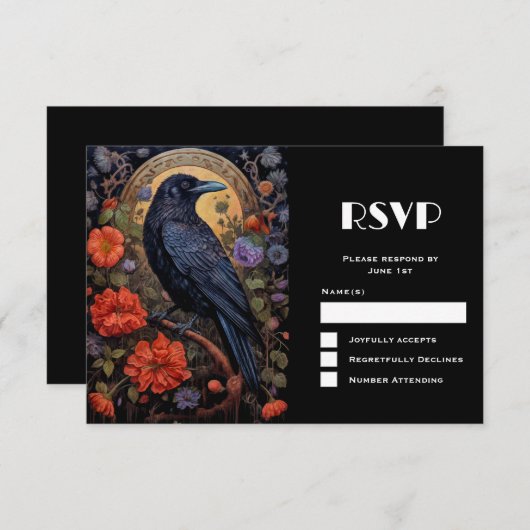 Black Raven met bloemen Gothic Design Bruiloft RSVP Kaartje (Voorkant / Achterkant)