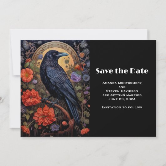 Black Raven met bloemen Gothic Design Bruiloft Save The Date (Voorkant)