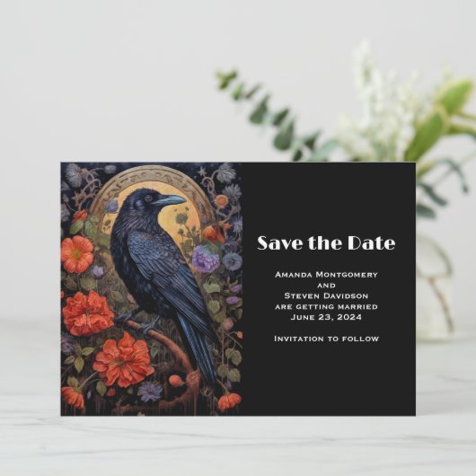 Black Raven met bloemen Gothic Design Bruiloft Save The Date (Staand voorkant)