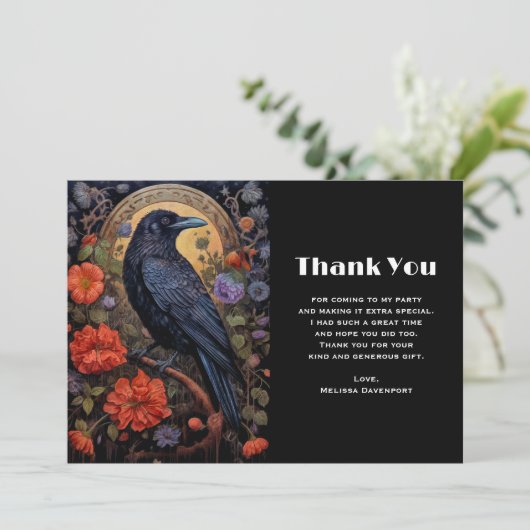 Black Raven met bloemen Gothic Design Dank u Bedankkaart (Staand voorkant)